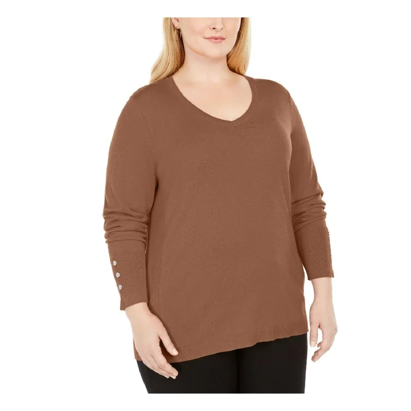 JM Collection Women's Solid Long Sleeve Scoop Neck T-Shirt Top Brown Size 1X