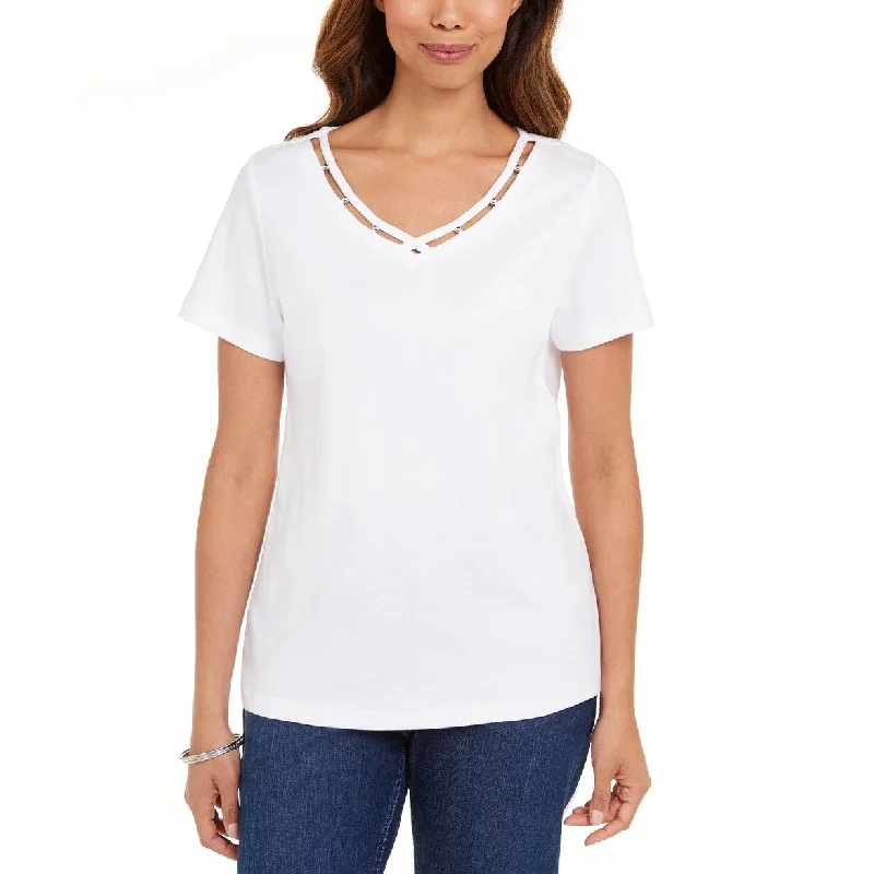 Karen Scott Women's Cotton Open-Trim V-Neck T-Shirt White Size Extra Small - X-Small