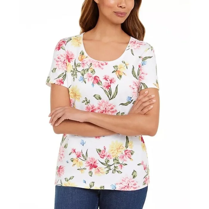 Karen Scott Women's Floral Print T-Shirt White Size Large