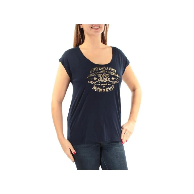 RALPH LAUREN Women's Navy Logo Short Sleeve T-Shirt Top, Blue, M