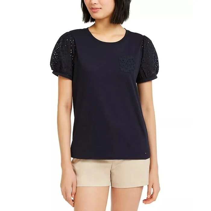 Tommy Hilfiger Women's Tommy Hilfiger Puff-Sleeve Eyelet T-Shirt Navy Size Small