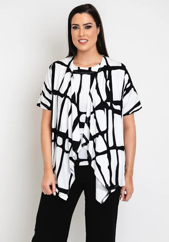 Noen Curve Printed Short Sleeve Waterfall Cardigan, White