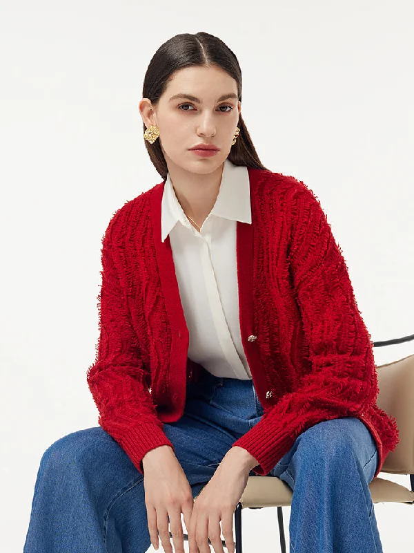 100% Wool Chili Red Women Cardigan