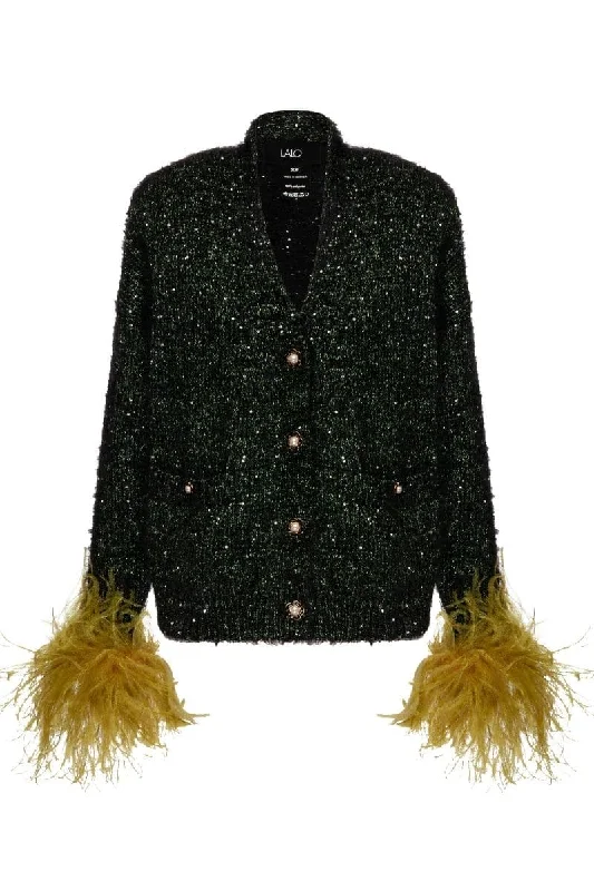 BLACK WOOL-BLEND CARDIGAN WITH MUSTARD FEATHER-DETAILING