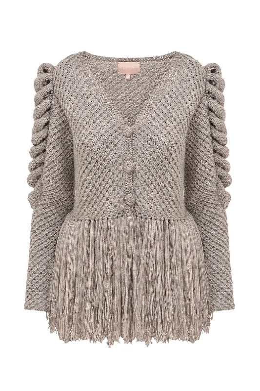 CARDIGAN WITH FRINGES IN GRAY