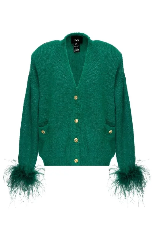 GREEN WOOL-BLEND CARDIGAN WITH GREEN FEATHER-DETAILING