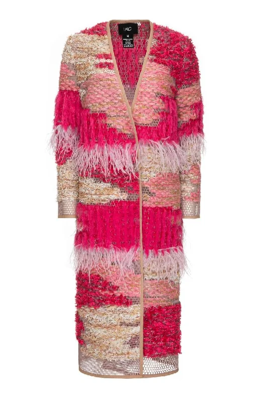 WOOL-BLEND FRINGED LONG-LINE BUBBLEGUM CARDIGAN