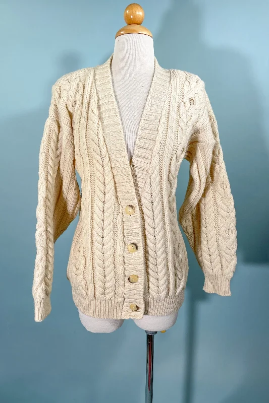 Carducci Cream Wool Cardigan Sweater, Cable Knit Fisherman Sweater M