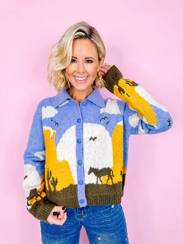 ON THE HORIZON HORSE CARDIGAN - BLUE